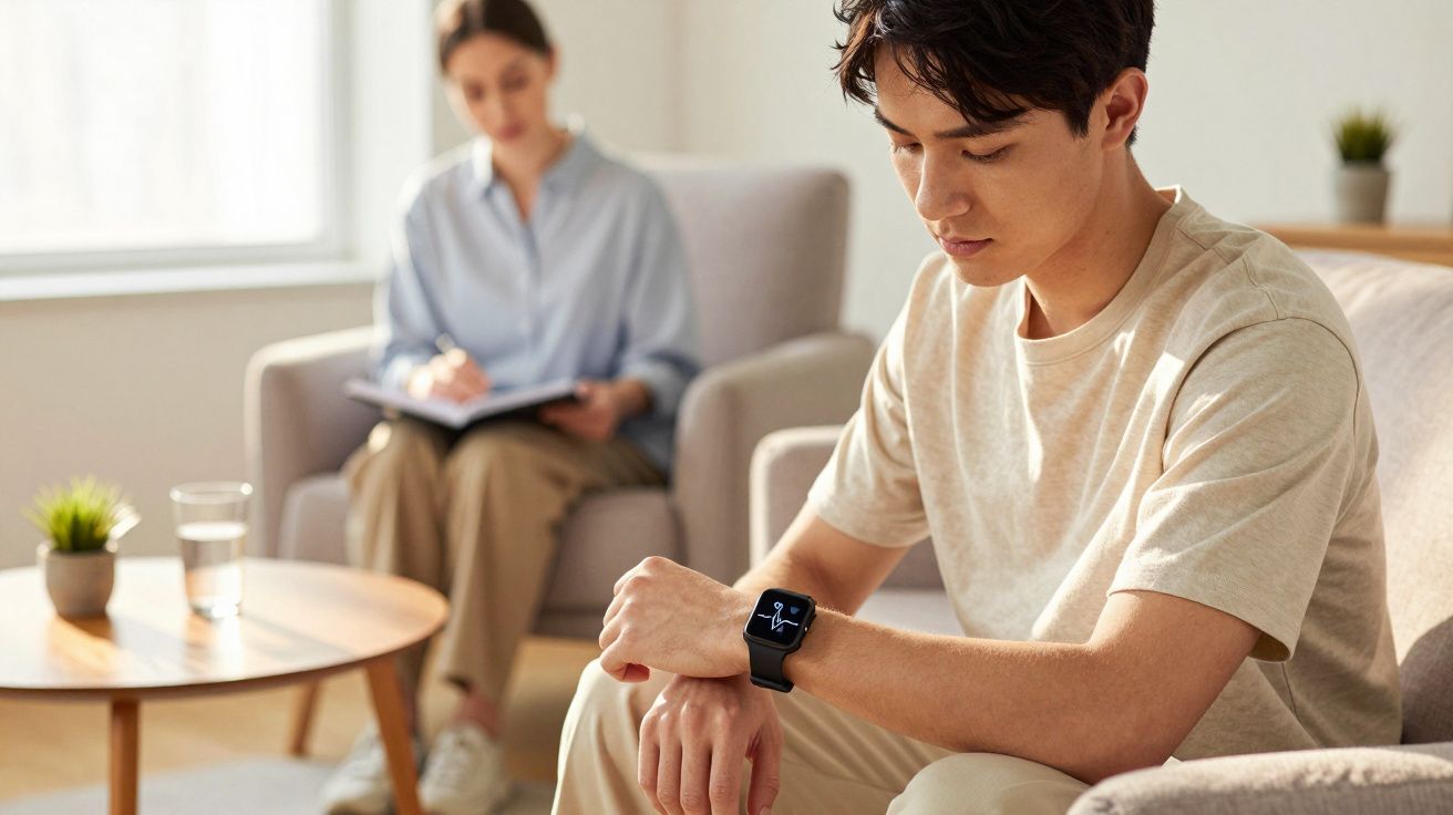 Jovem sentado no sofá olhando relógio inteligente, com mulher ao fundo anotando em caderno.