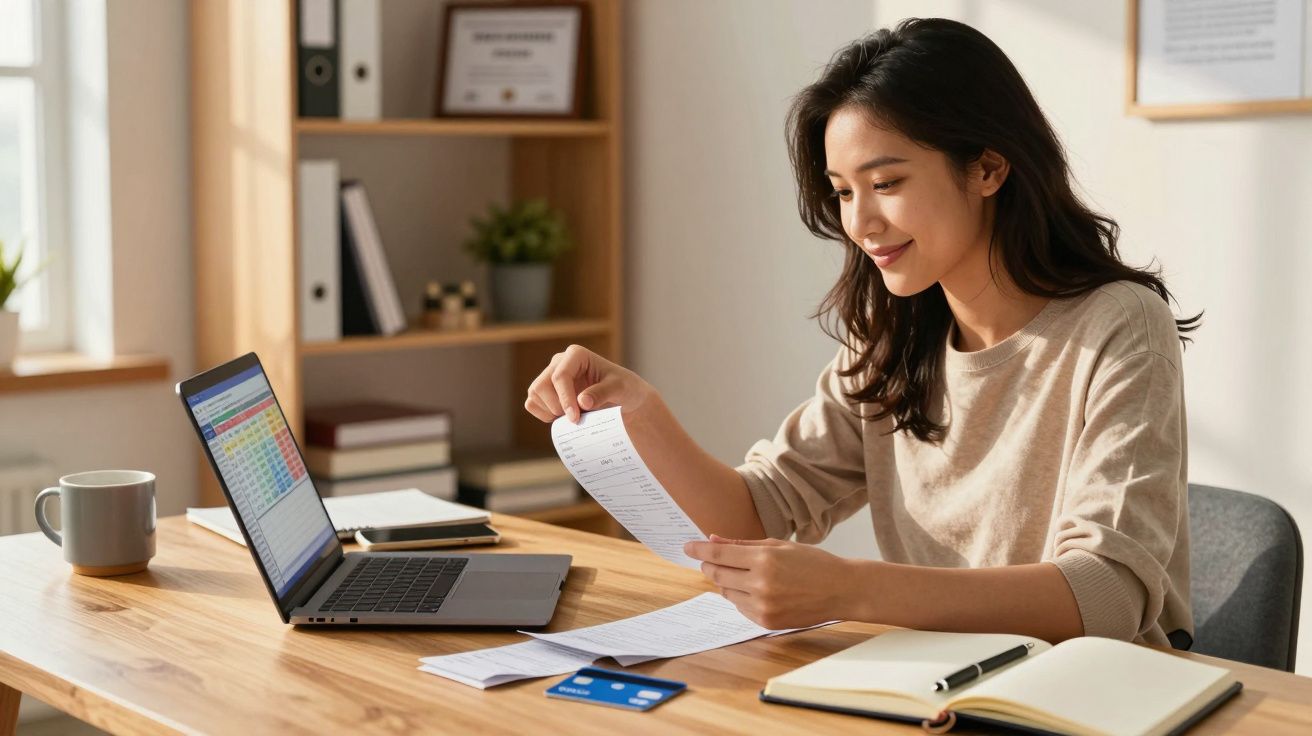 Mulher analisando boleto na mesa com notebook, cartão de crédito, caderno e caneca em ambiente claro.