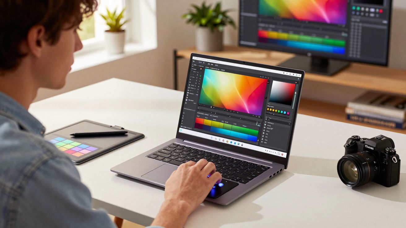 Pessoa editando fotos no laptop em mesa com câmera, tablet e monitor ao fundo em ambiente iluminado.