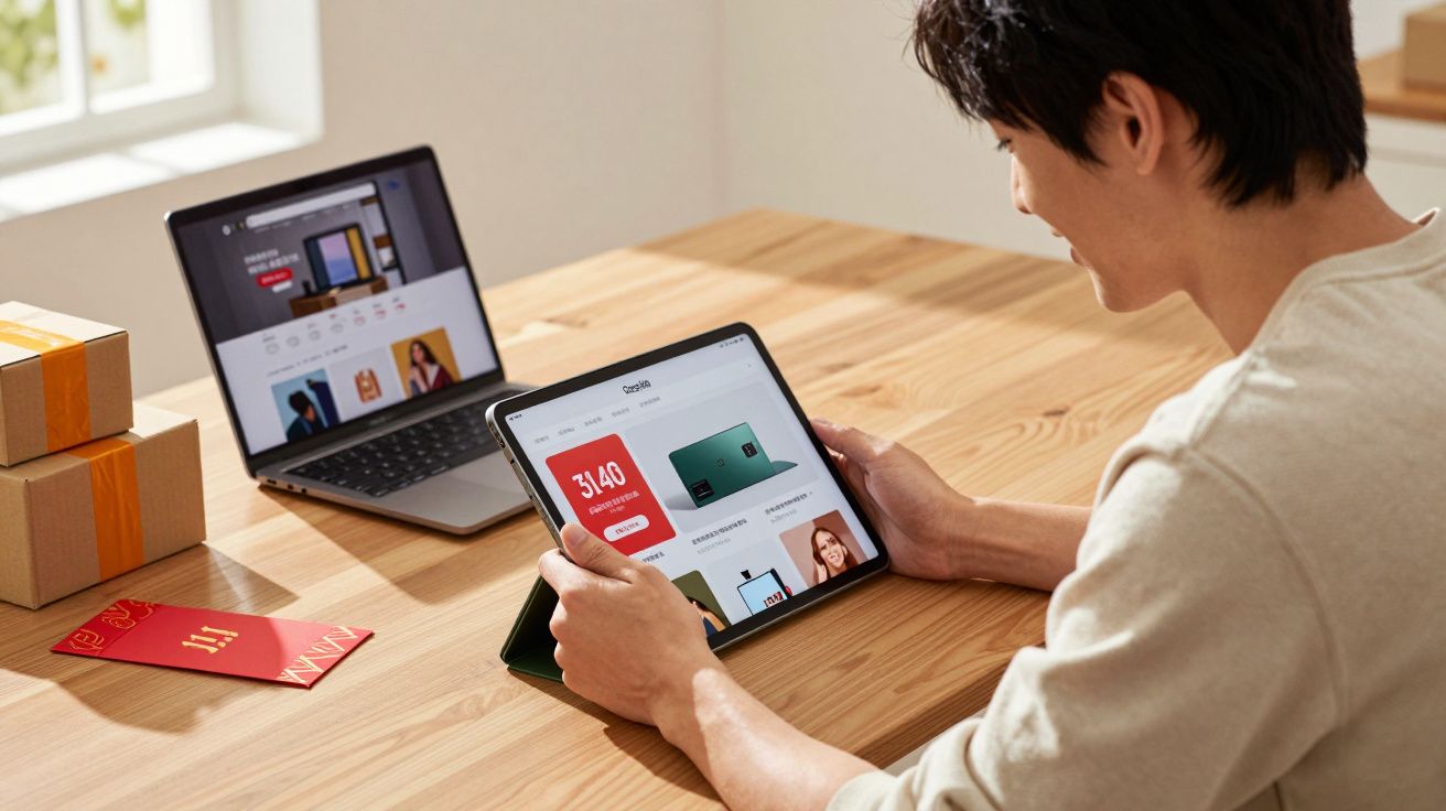 Homem sentado à mesa usando tablet para acessar site de compras com laptop e caixas ao lado.