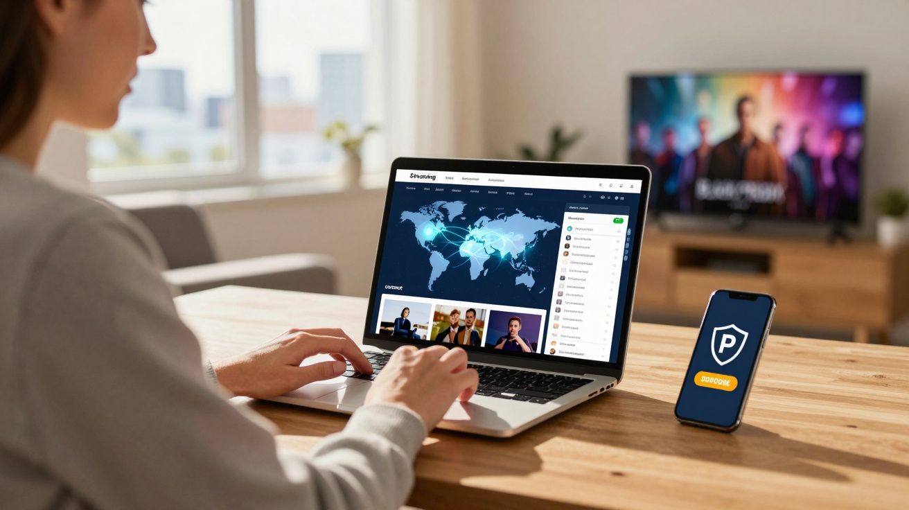 Pessoa usando laptop com mapa mundial na tela e celular com ícone de proteção digital sobre mesa de madeira.