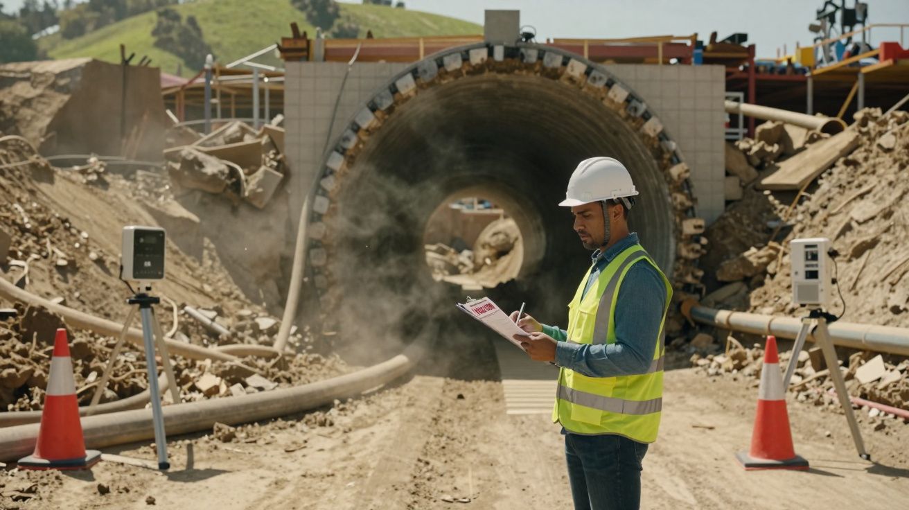 Engenheiro de segurança com capacete e colete escreve em prancheta em canteiro de obras de túnel.