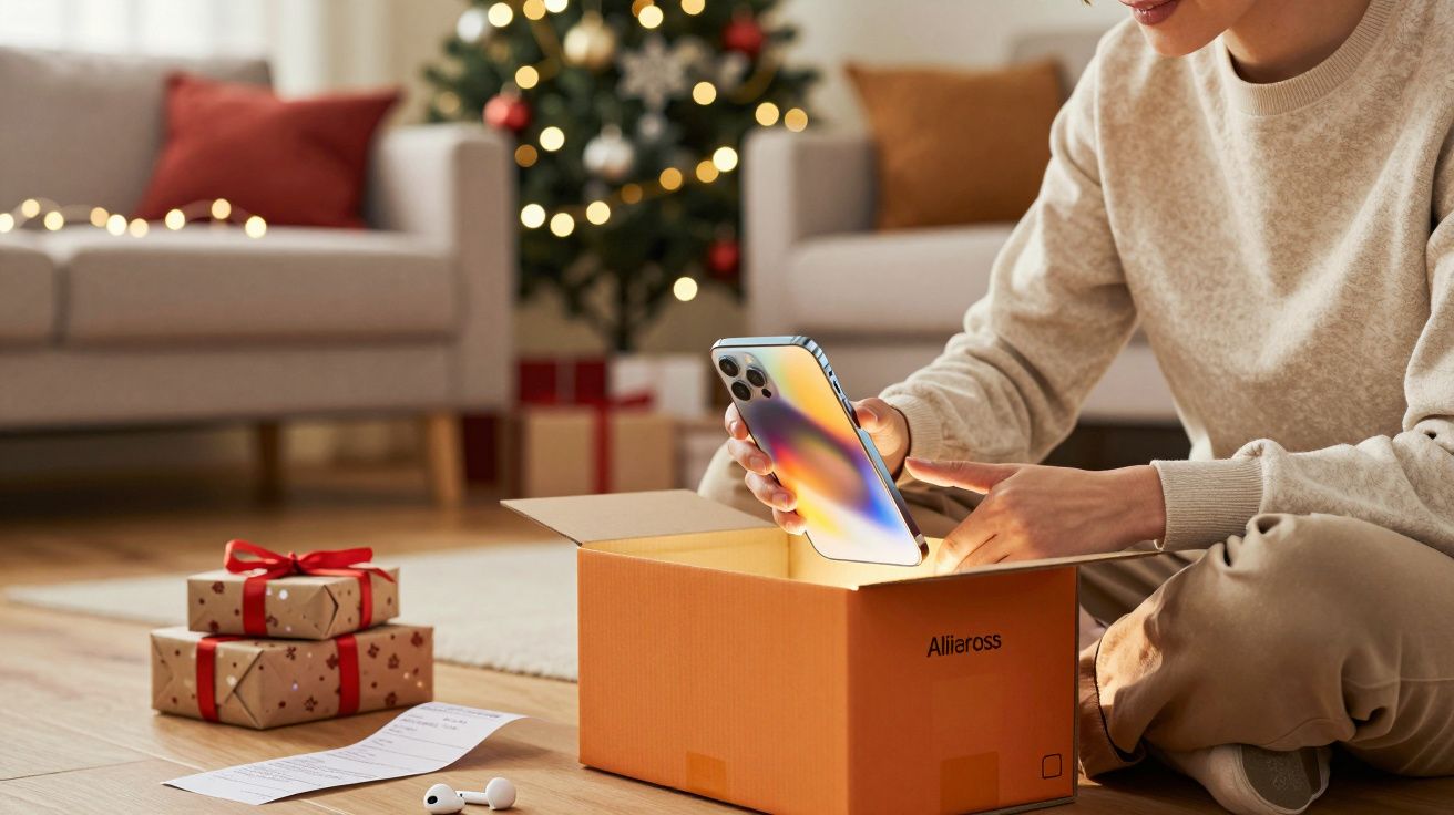 Pessoa abrindo caixa com celular novo ao lado de presentes de Natal em sala decorada com árvore iluminada.
