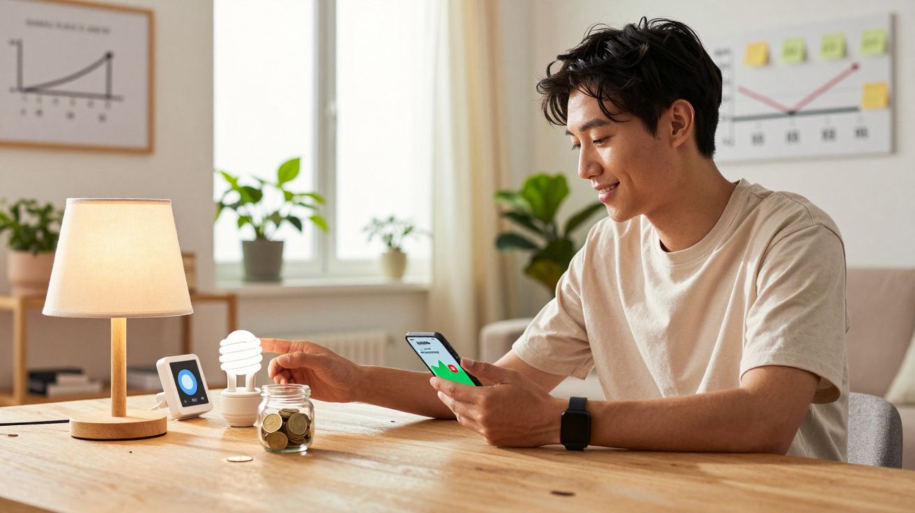 Jovem sentado à mesa com lâmpada, celular na mão e cofrinho de moedas, controlando luz inteligente.