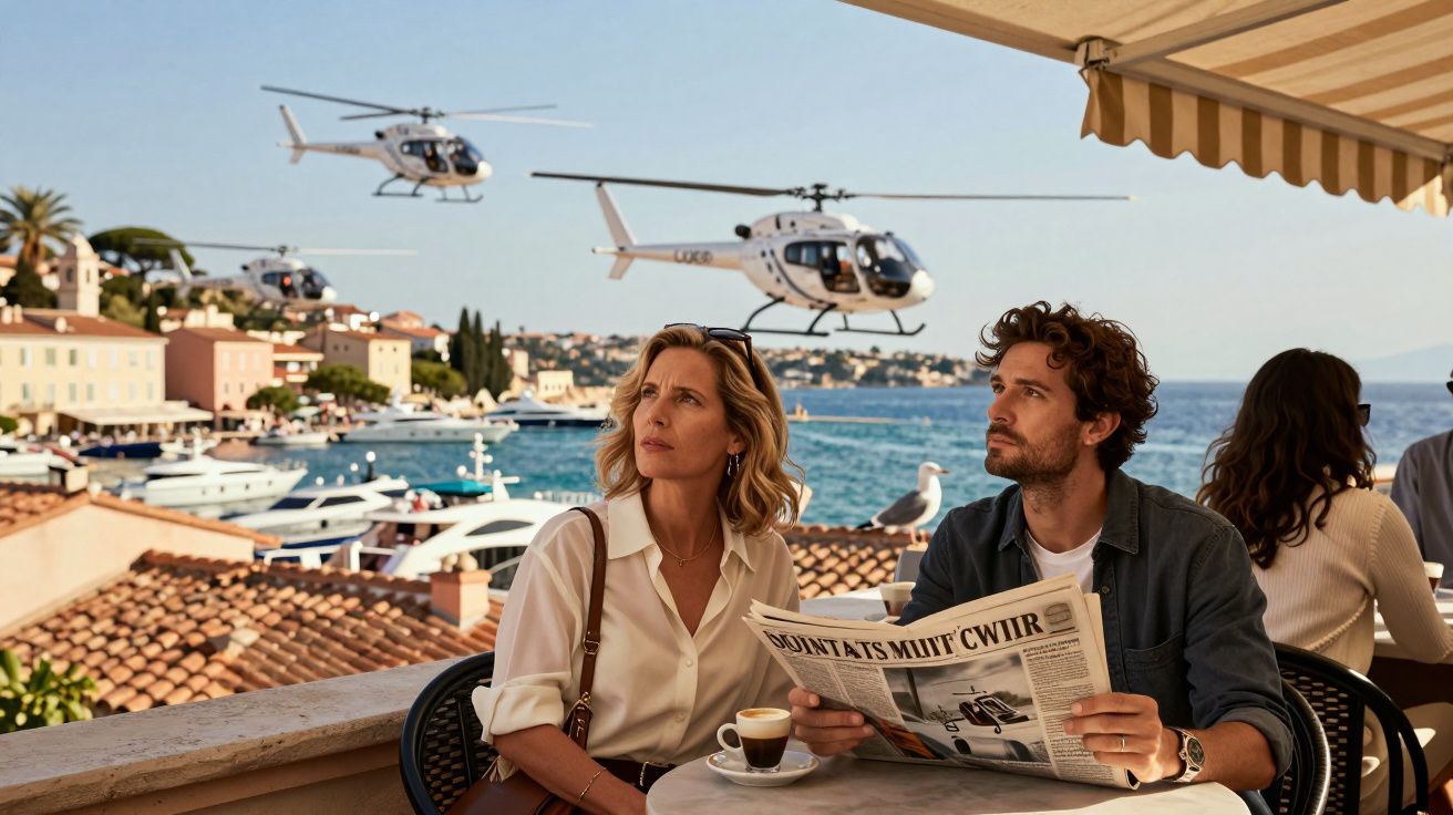 Casal sentado em café à beira-mar observando três helicópteros voando entre barcos e prédios ao fundo.