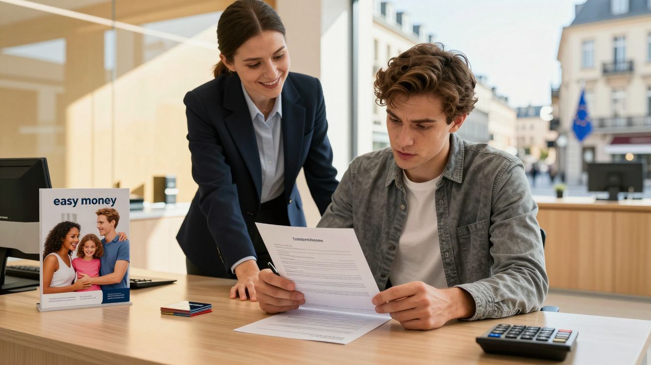 Homem sentado lendo documento enquanto mulher de terno explica algo em escritório moderno.
