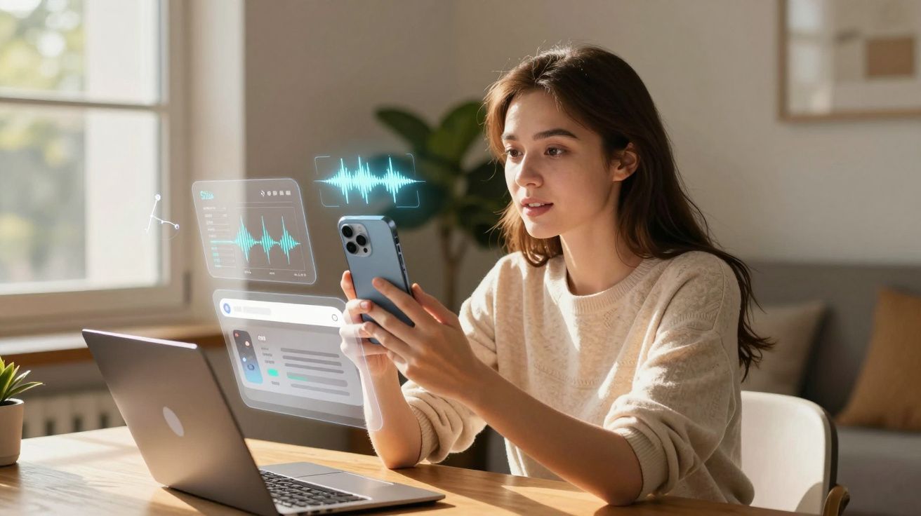 Jovem mulher usando smartphone e laptop com gráficos holográficos de ondas sonoras em ambiente iluminado.
