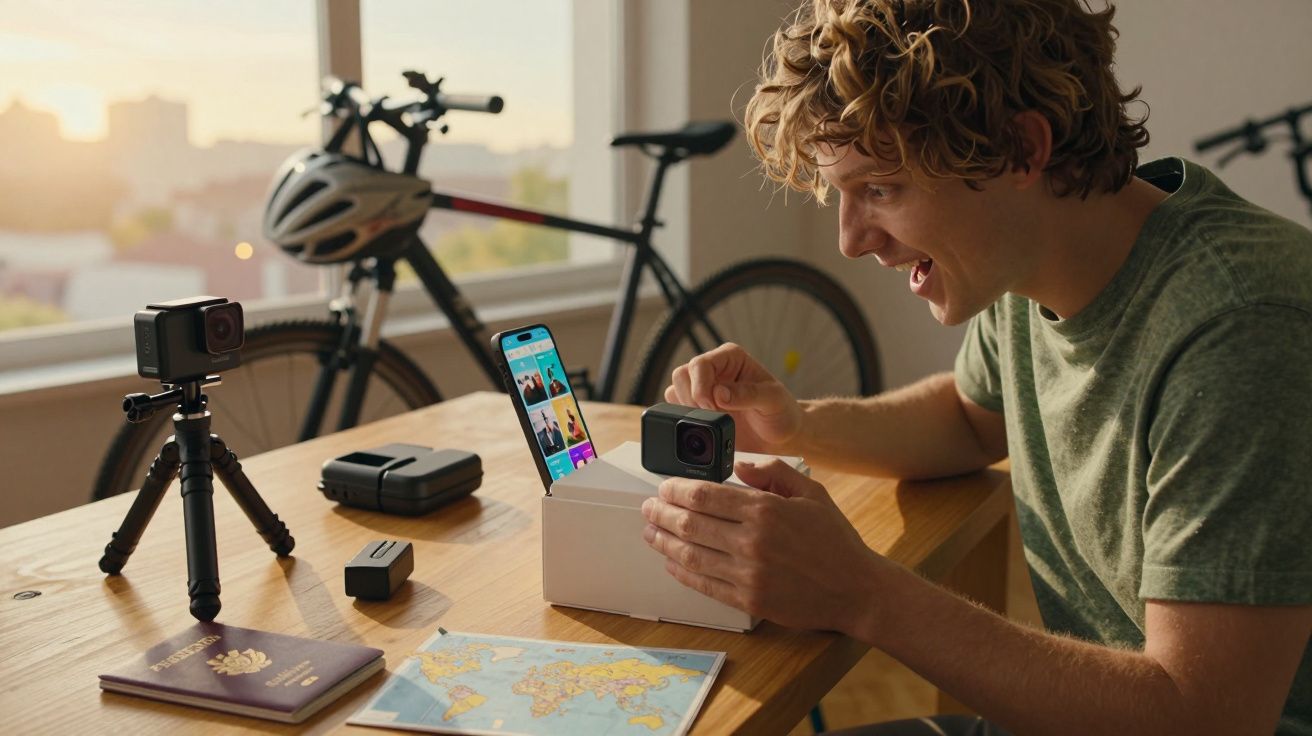 Jovem com câmera de ação ajustando equipamento em mesa com mapa, passaporte e bicicleta ao fundo.