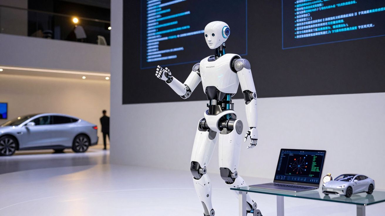 Robô humanoide branco em exposição tecnológica ao lado de laptop e miniatura de carro elétrico.