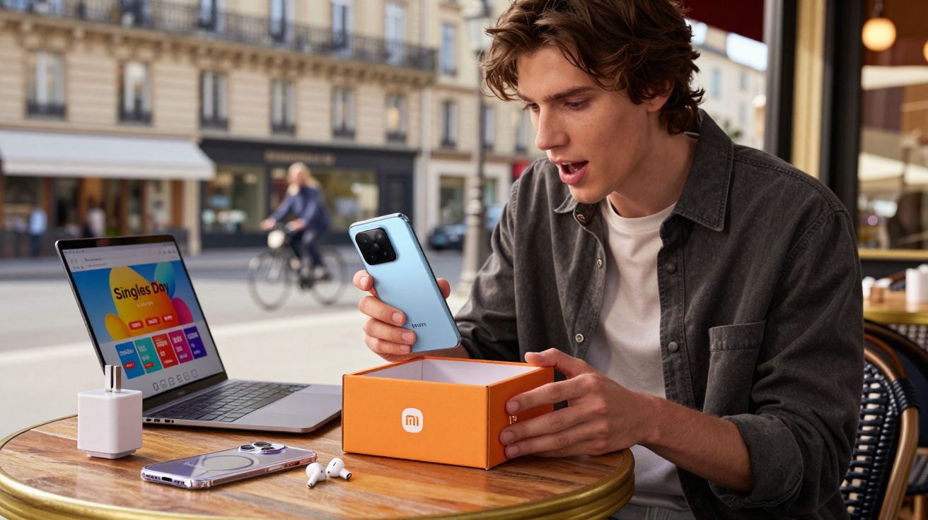 Jovem desembrulhando celular Xiaomi azul em mesa de café com laptop e acessórios ao redor.