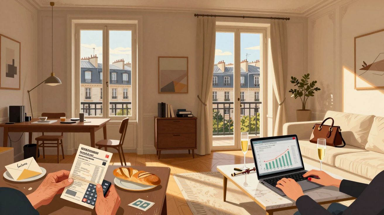 Sala iluminada com móveis modernos, pessoas trabalhando e vista para prédios típicos europeus pela janela.