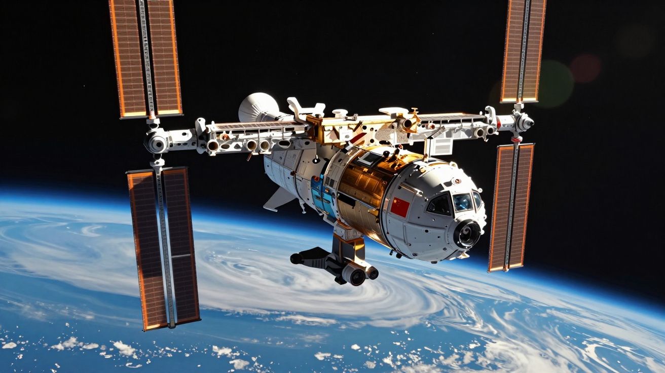 Estação espacial chinesa orbitando a Terra, com painéis solares e planeta azul ao fundo.
