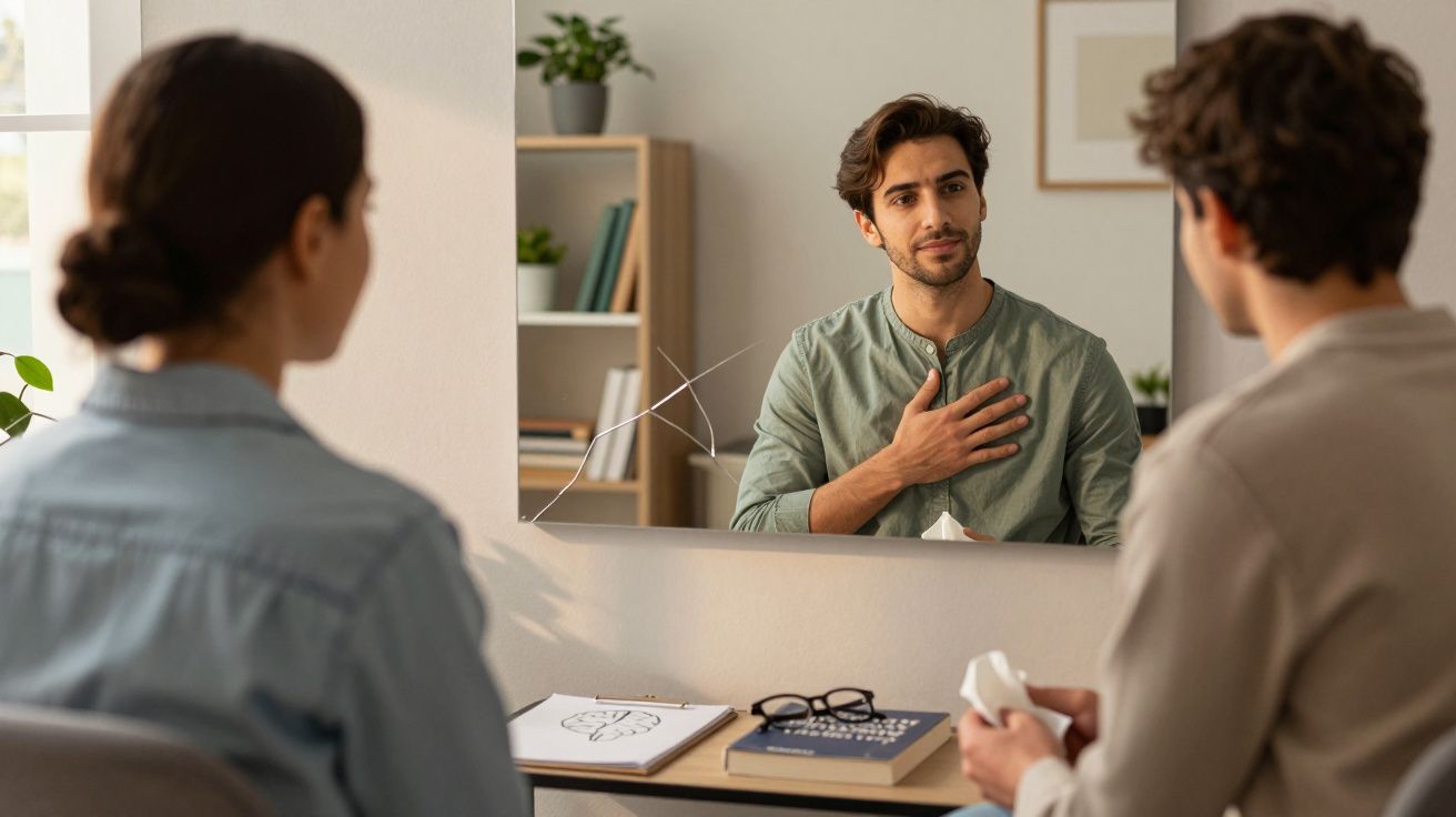 Homem expressando sentimentos em sessão de terapia com psicóloga em consultório aconchegante.