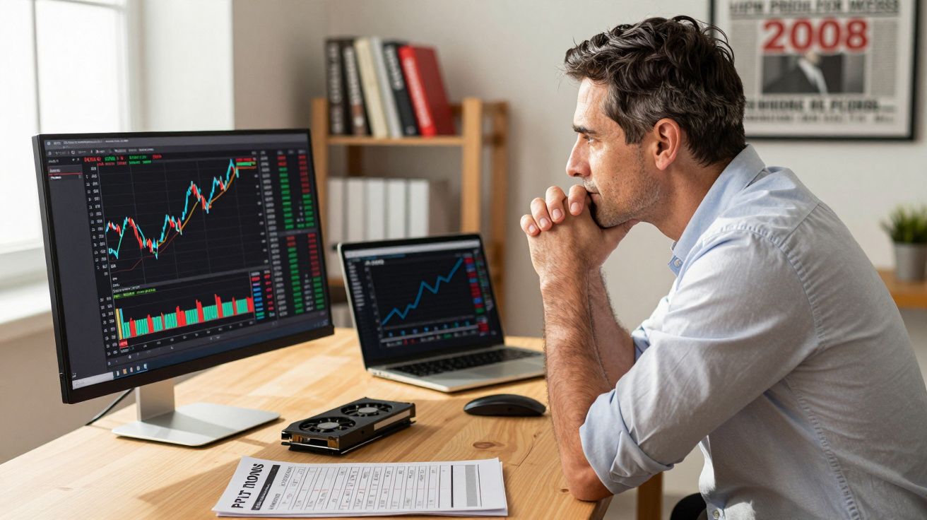 Homem observa gráficos de ações em dois monitores enquanto analisa dados financeiros em escritório.