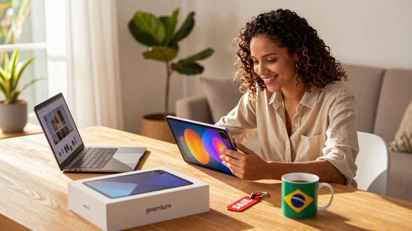 Mulher sorrindo usando tablet com caixa, laptop e caneca com bandeira do Brasil na mesa de madeira.