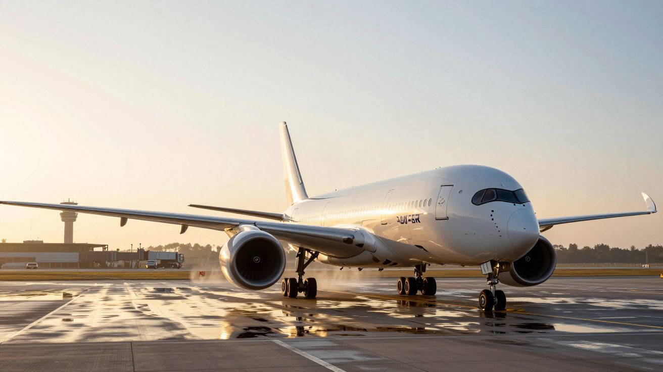 Avião comercial branco estacionado em pista molhada de aeroporto durante o nascer do sol.