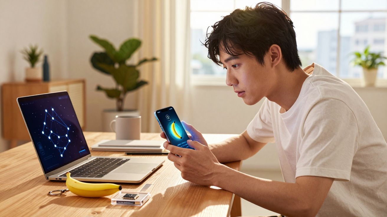 Homem sentado à mesa usando celular com imagem de banana, laptop aberto e banana sobre a mesa.