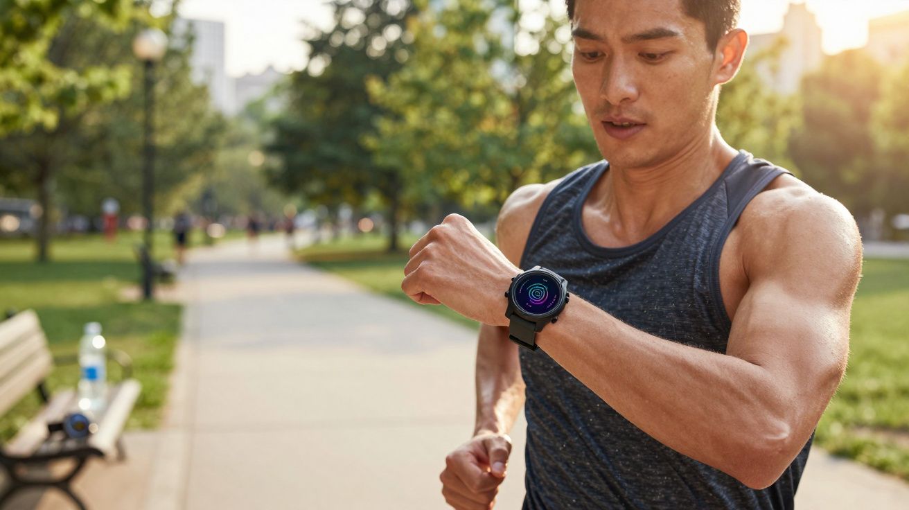 Homem correndo no parque verificando dados em relógio inteligente no pulso.