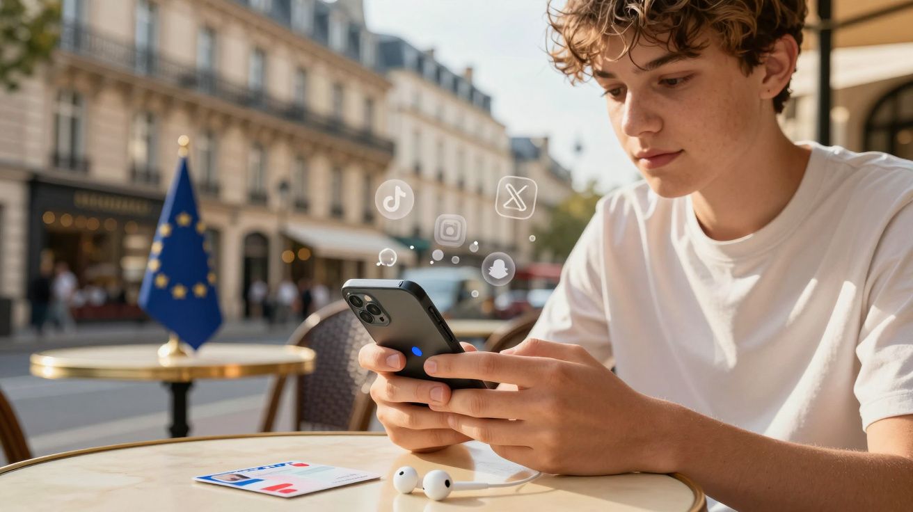 Jovem usando smartphone em mesa de café ao ar livre, ícones de redes sociais flutuando ao redor do aparelho.