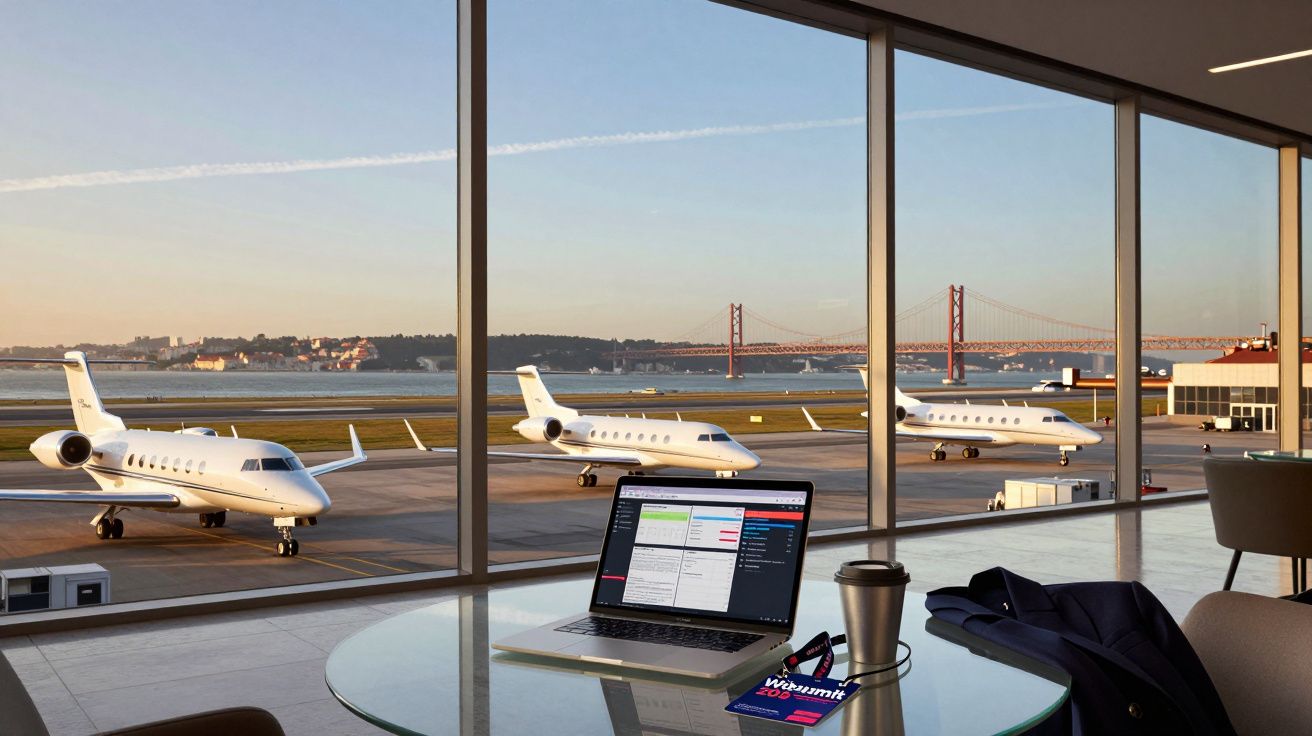 Escritório com vista para três jatos particulares, laptop, café e cartão de embarque em mesa de vidro.