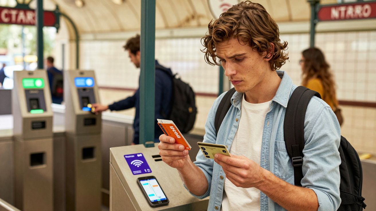 Jovem com mochila usa celular e cartão em catraca de metrô para validar passagem.