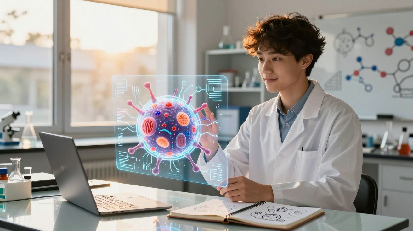 Cientista analisando holograma de vírus em laboratório com notebook e caderno aberto sobre mesa.