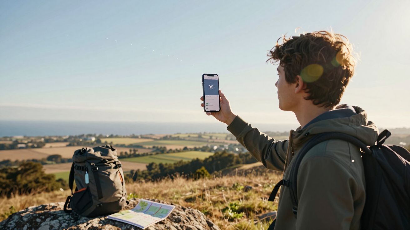Pessoa jovem com mochila usando celular em área rural com mochila e mapa sobre pedra ao lado.