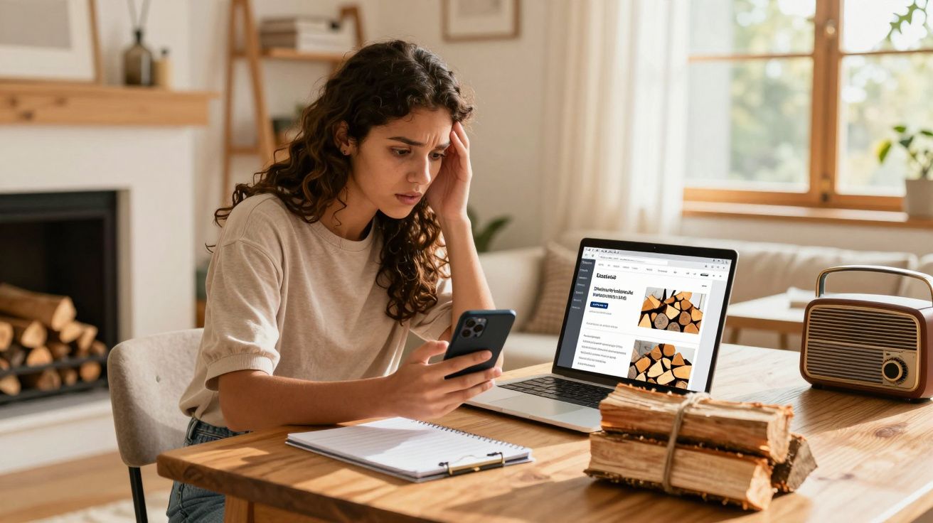 Mulher preocupada usando celular e notebook em mesa de madeira com anotações e lenha na sala iluminada.