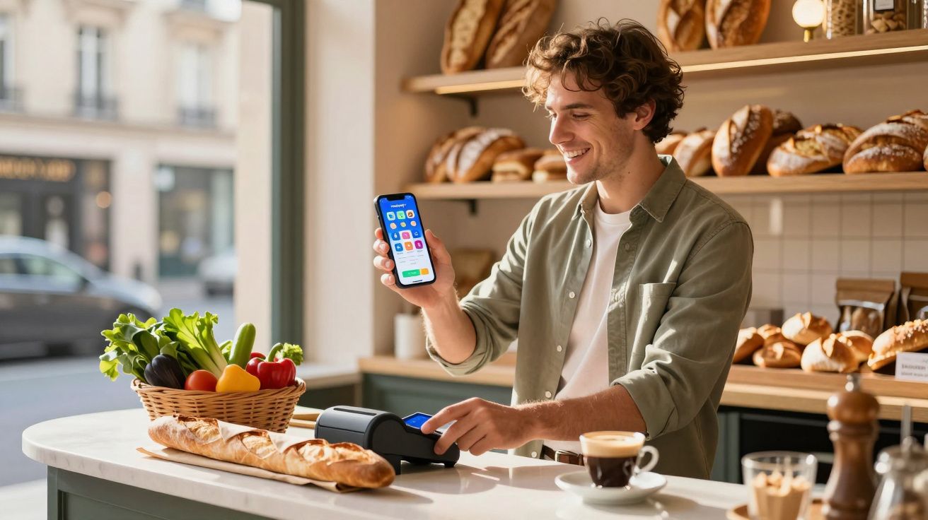 Homem em padaria fazendo pagamento com smartphone em máquina de cartão, com cesta de legumes e pão na bancada.