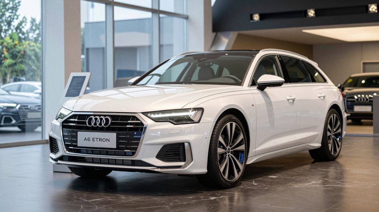 Carro branco Audi A6 Etron estacionado em showroom com piso brilhante e grandes janelas.