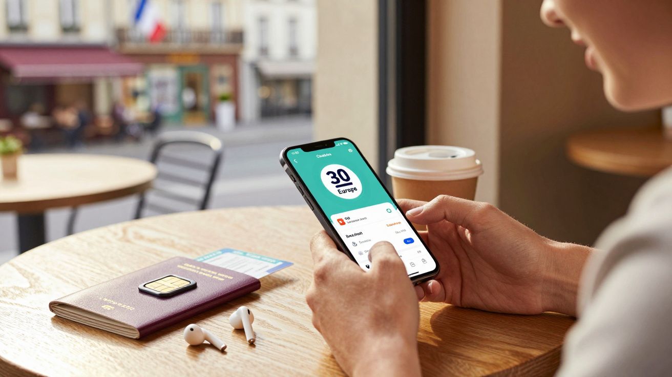 Pessoa usando celular com app de viagem aberta, passaporte, chip e fones de ouvido na mesa de madeira.