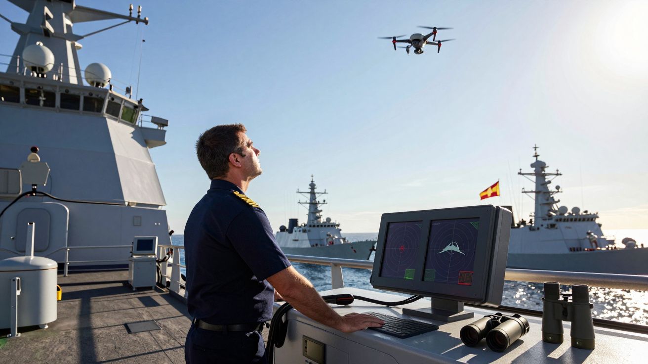 Oficial da marinha operando drone em navio de guerra com radar e outro navio ao fundo no mar.