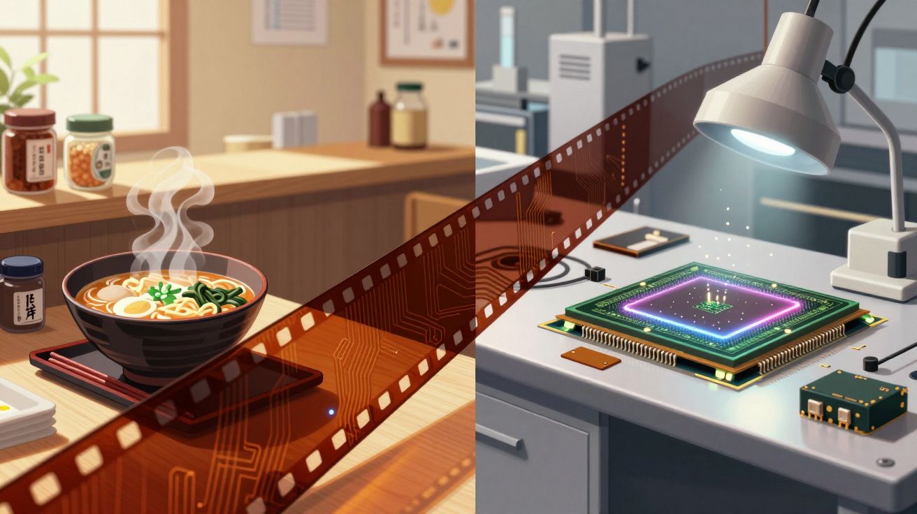 Ramen quente em uma mesa transformando-se em chip eletrônico sob lâmpada de luz branca.