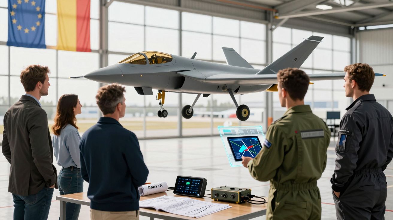 Grupo de pessoas observando drone militar suspenso em hangar com telas e projeto sobre a mesa.
