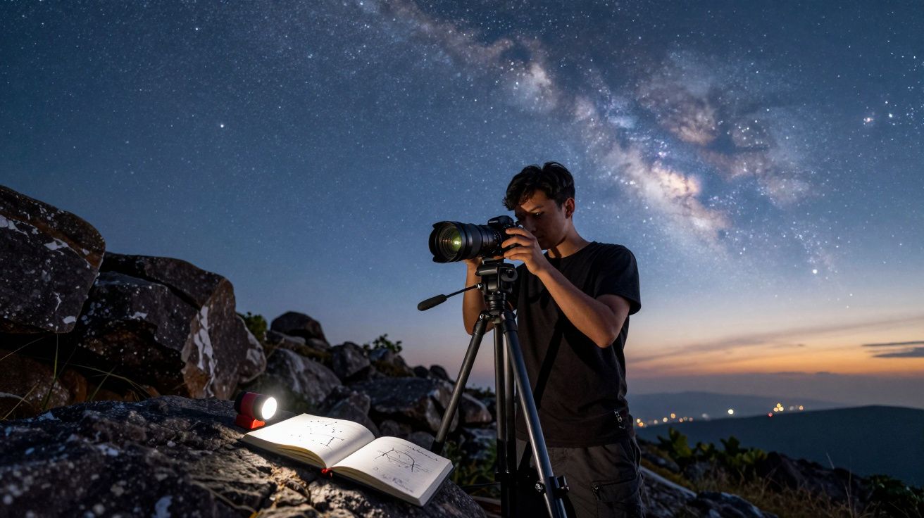 Homem ajusta câmera em tripé para fotografar céu estrelado com Via Láctea em área montanhosa ao anoitecer.
