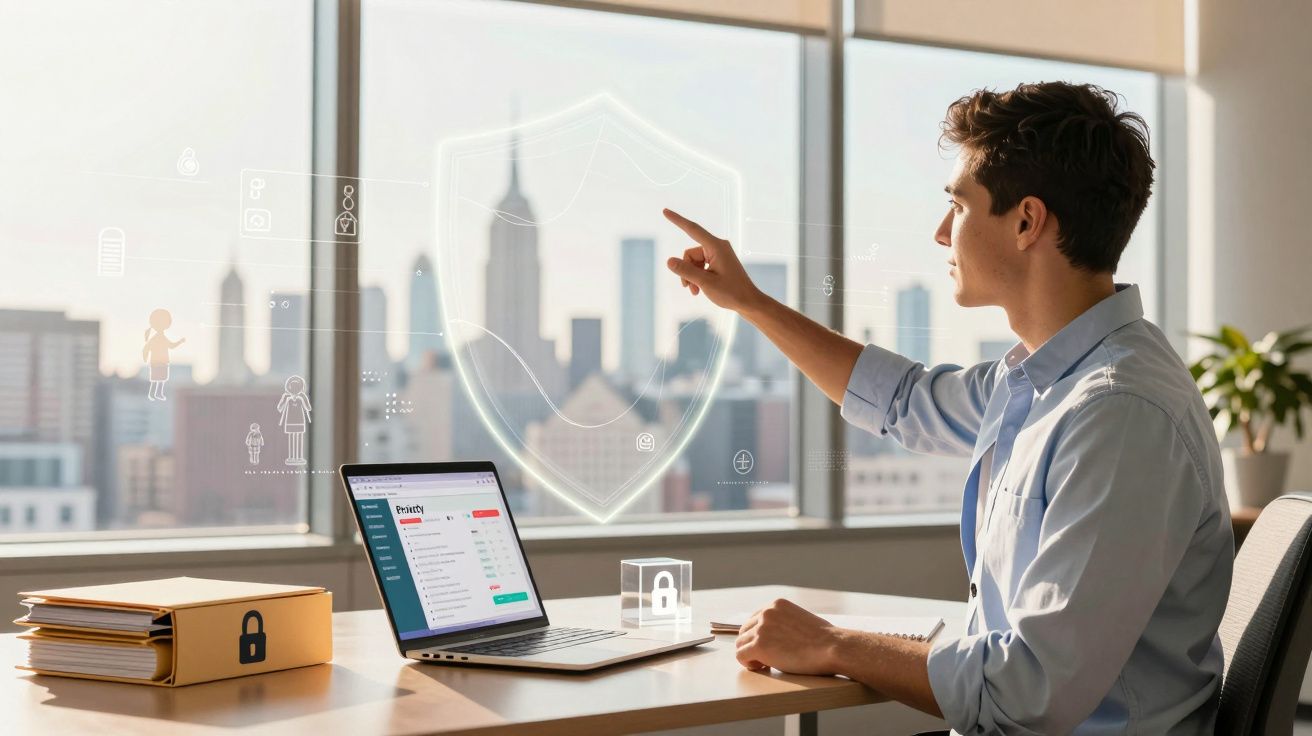 Homem em escritório interage com ícones digitais de segurança em janela com vista para a cidade.