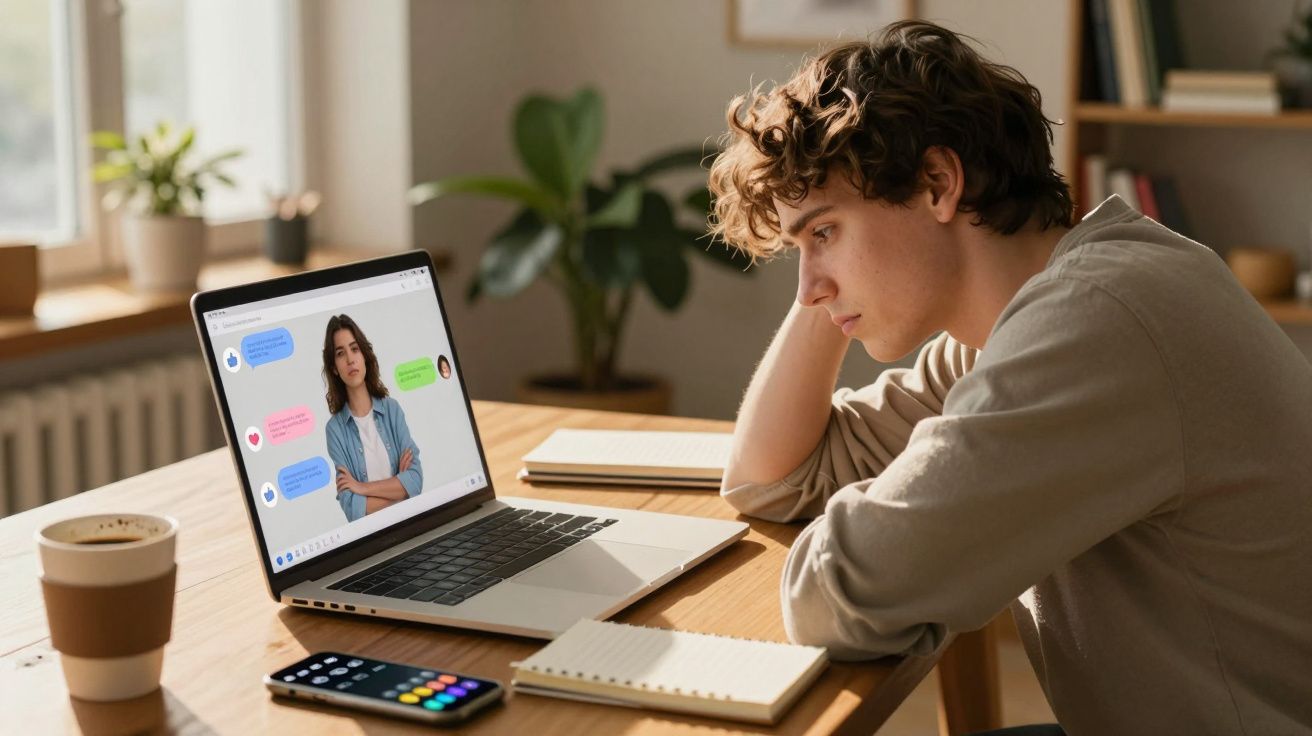 Jovem pensativo em videochamada no laptop enquanto está sentado à mesa com caderno e celular.