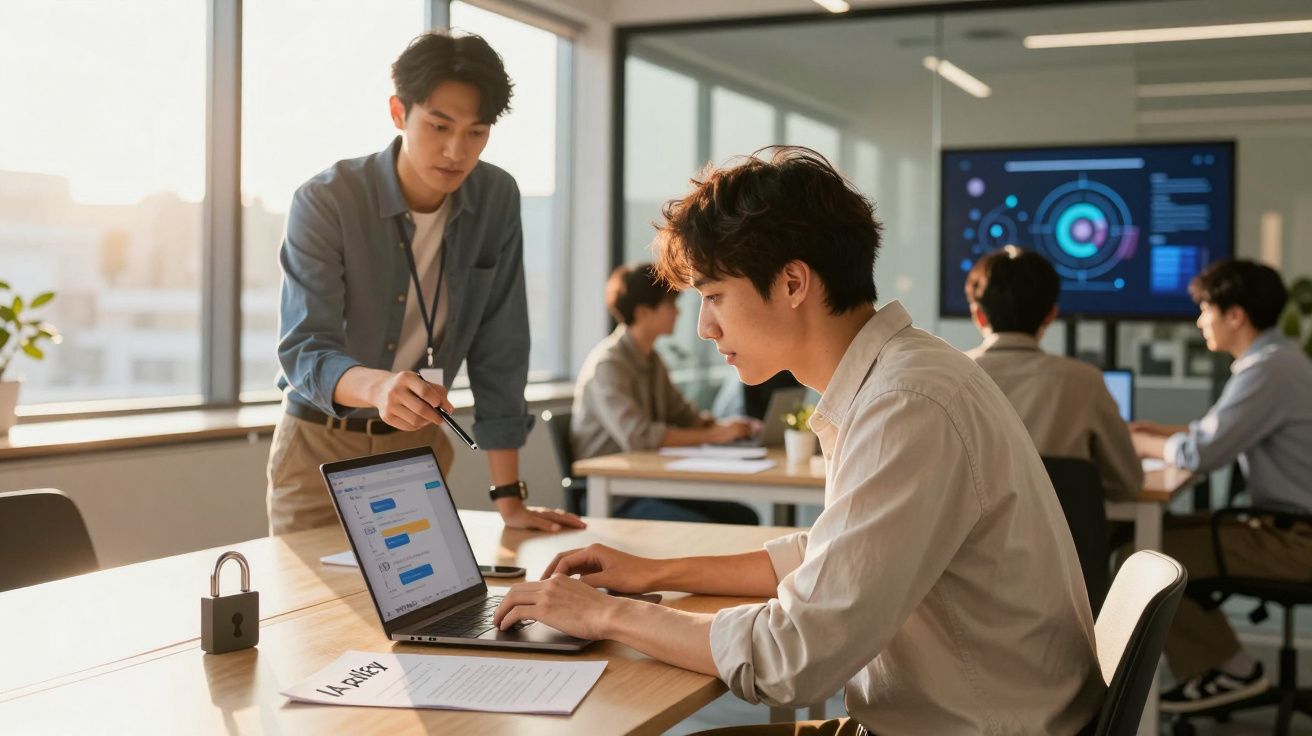 Dois homens jovens trabalham em equipe com laptop e documentos em sala de reunião iluminada naturalment
