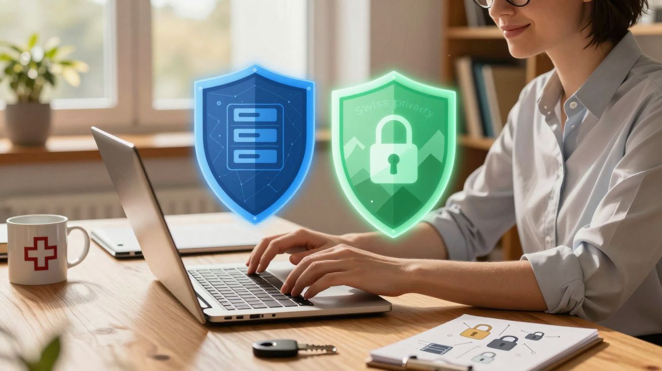 Pessoa digitando em notebook com ícones digitais de escudo e segurança sobrepostos na tela.