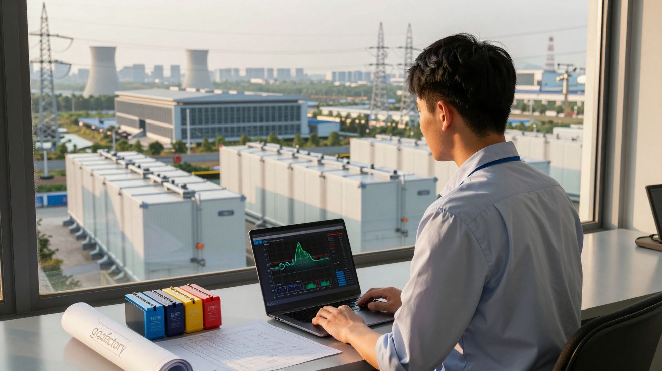 Homem analisando gráficos em laptop com vista para usina industrial e containers do lado de fora da janela.
