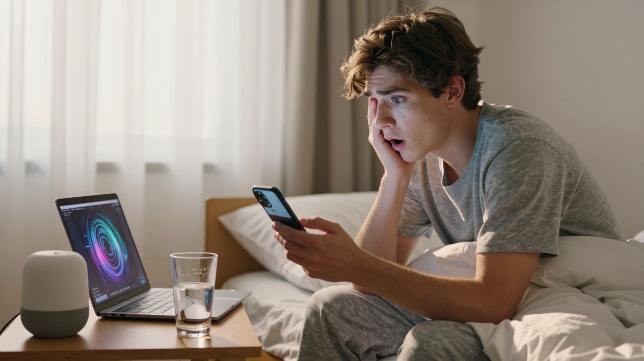 Jovem sentado na cama, surpreso ao olhar para o celular, com laptop, copo d'água e assistente de voz na mesa.