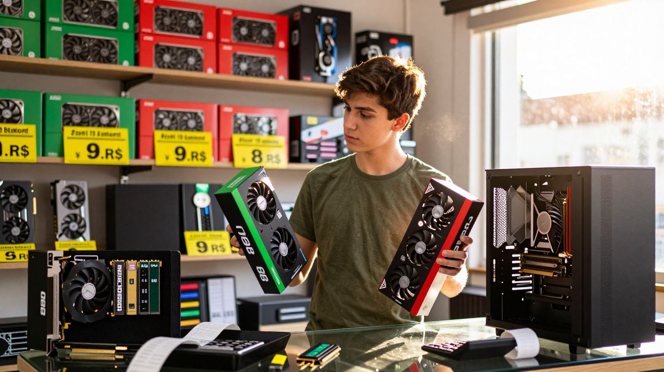 Jovem comparando placas de vídeo em loja de informática com várias caixas ao fundo.