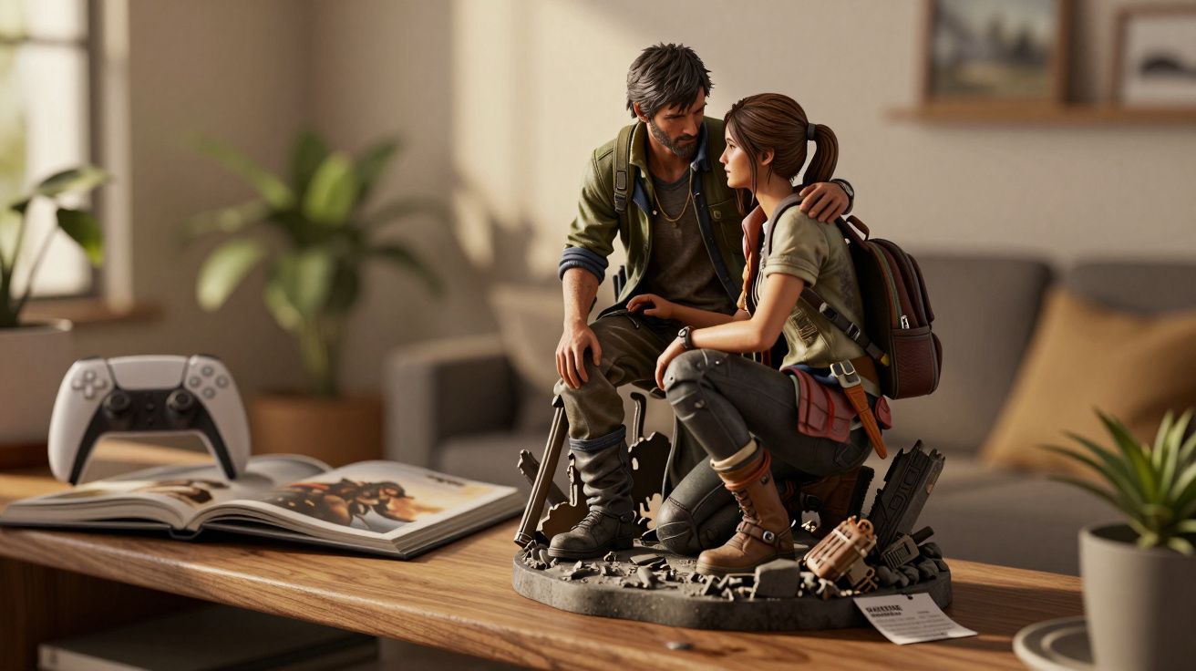 Estátua detalhada de homem e mulher agachados em base, com controle de videogame e livro ao lado.