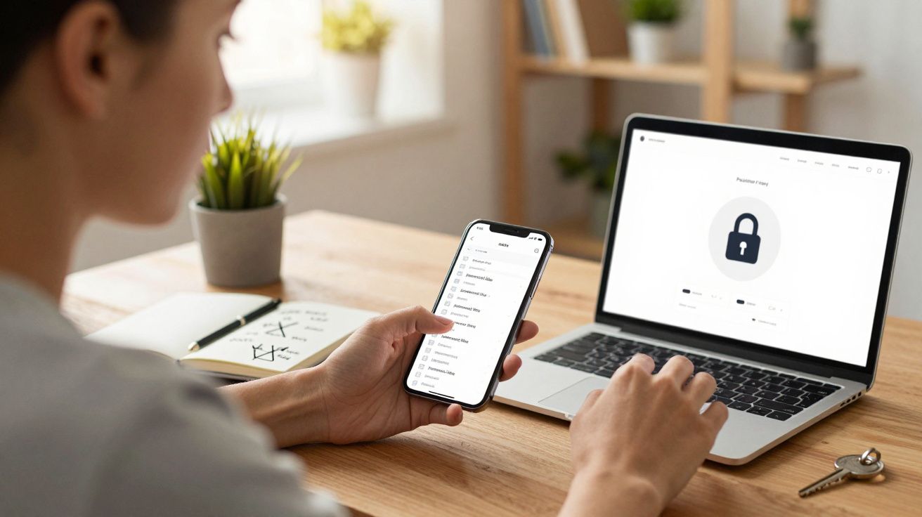 Pessoa usando smartphone e notebook com tela de senha em mesa com caderno, planta e chave.