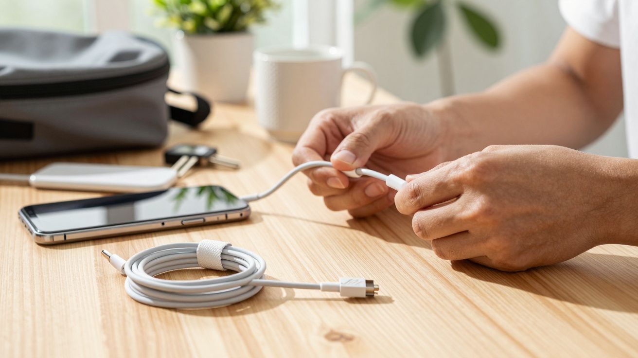 Pessoas conectando cabo de carregador em um celular sobre mesa de madeira clara com objetos ao fundo.