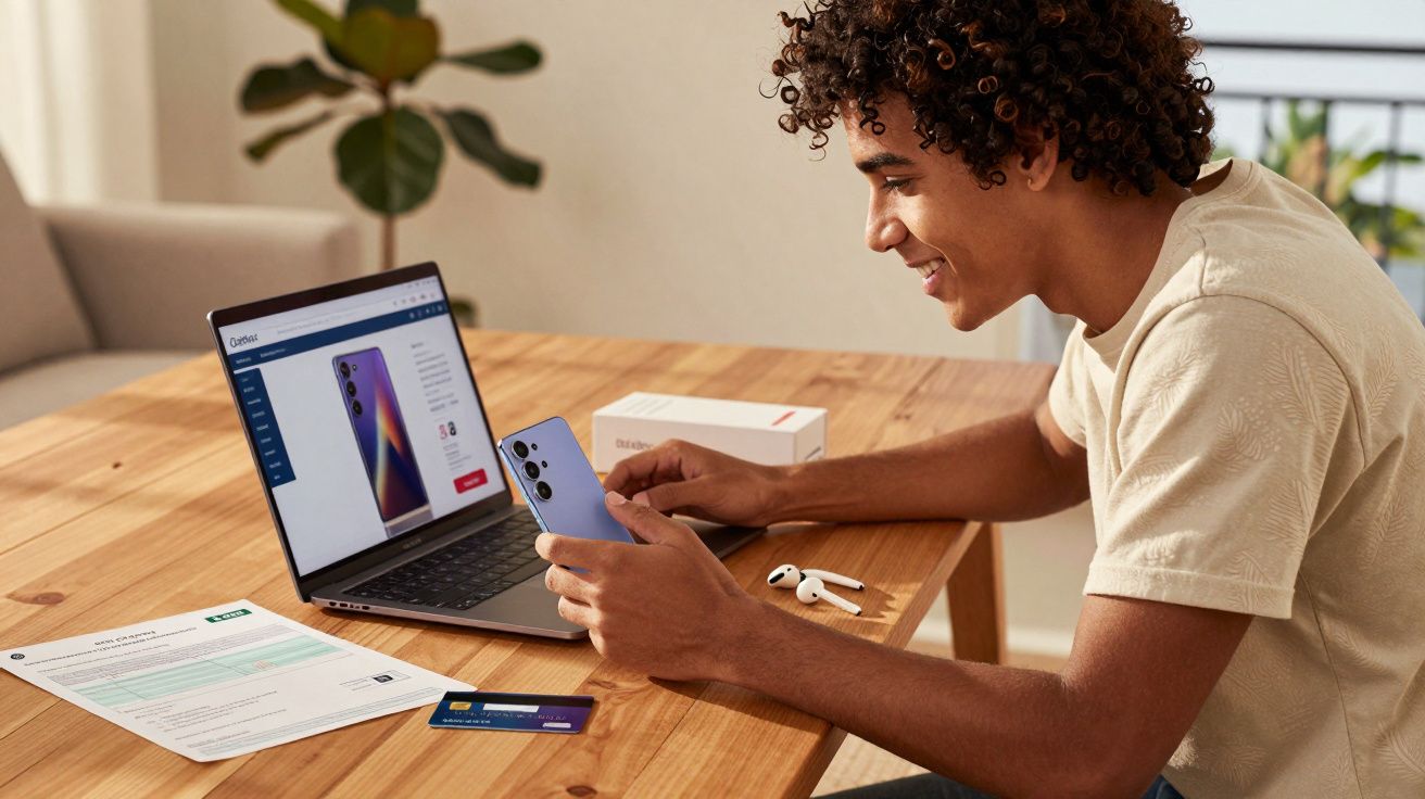 Jovem sentado em mesa com celular, laptop, fones, cartão e documento, olhando para a tela do celular sorrindo.