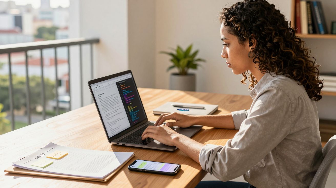 Mulher trabalhando em laptop com código aberto em mesa de madeira, com celular e documentos ao redor.