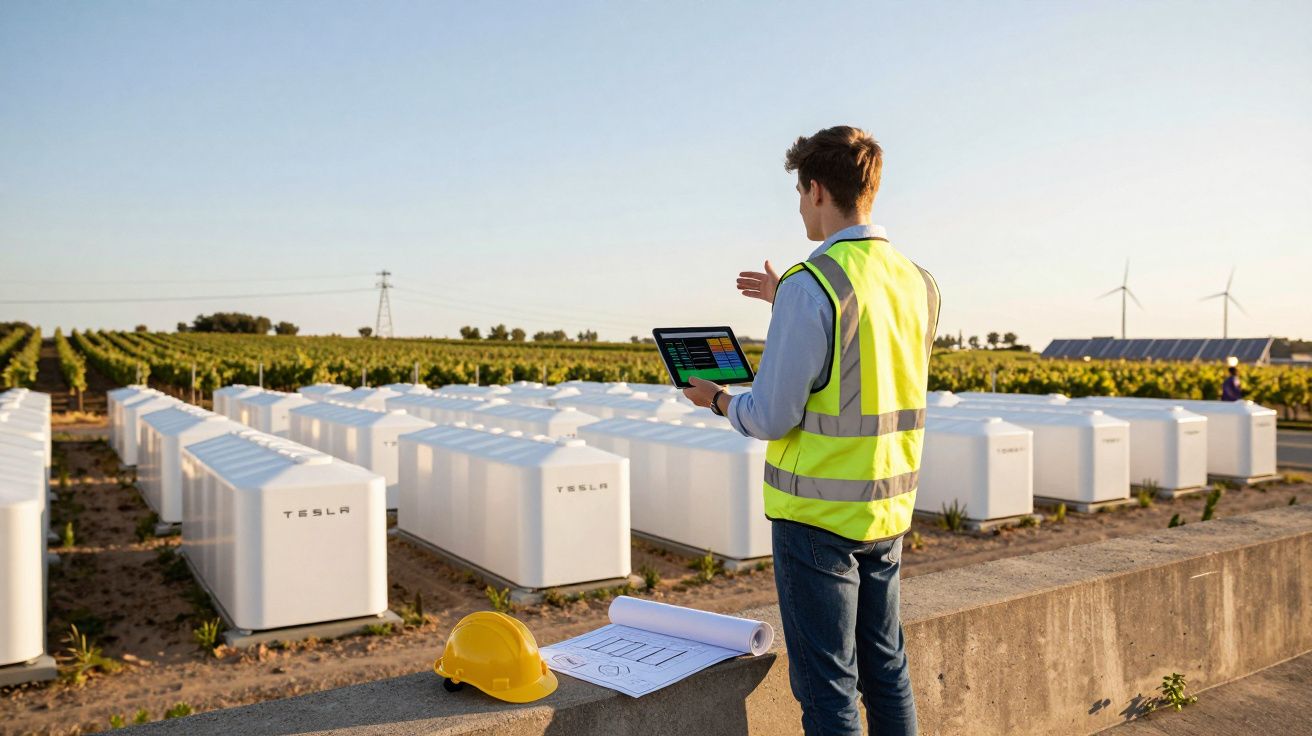 Engenheiro com colete refletivo usando tablet em campo com baterias Tesla e turbinas eólica ao fundo.