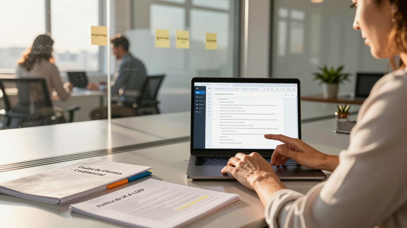 Pessoa trabalhando em laptop em escritório, com documentos e colegas ao fundo.