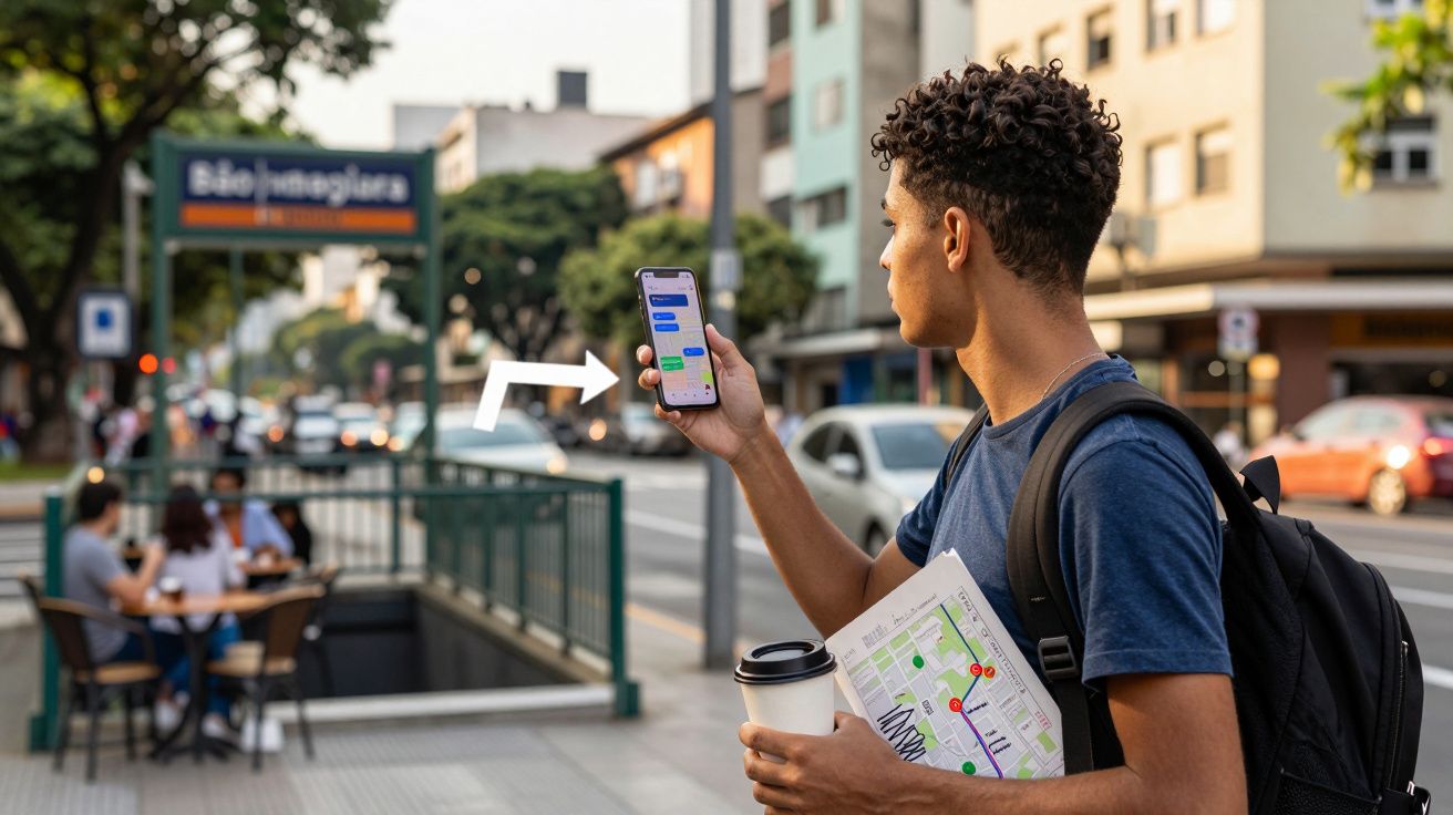 Jovem segurando celular com GPS, mapa e café, em calçada urbana próxima à estação de metrô São Joaquim.